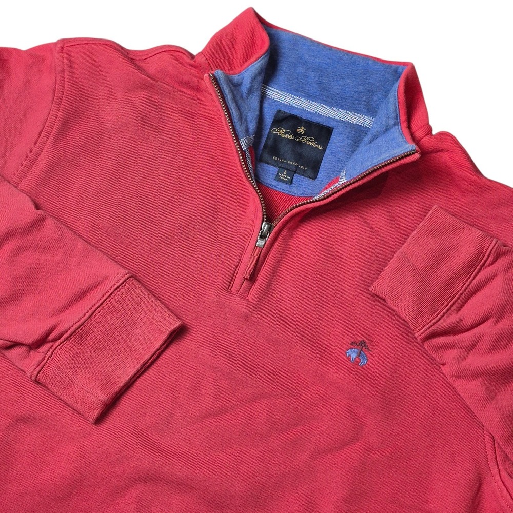 Brooks Brothers Men's L 1/4 Zip Quarter Zip Red Cotton Knit Sweater Preppy